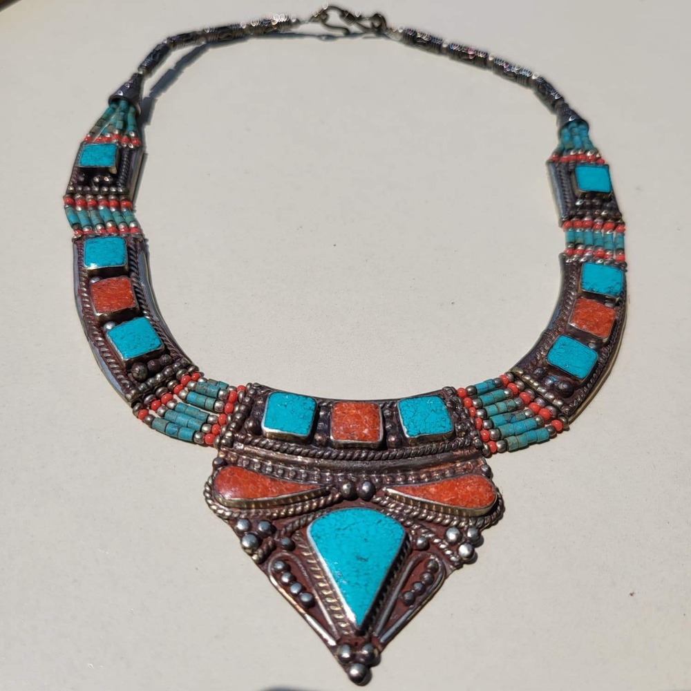 Vintage Tibetan Mixed Metal Turquoise Coral Bib Necklace 18in Blue Red Ethnic